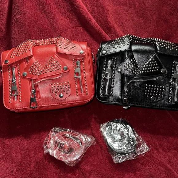 Faux Leather Studded Motto Jacket Clutch w/ Detachable Strap- Black NWT - Picture 7 of 7